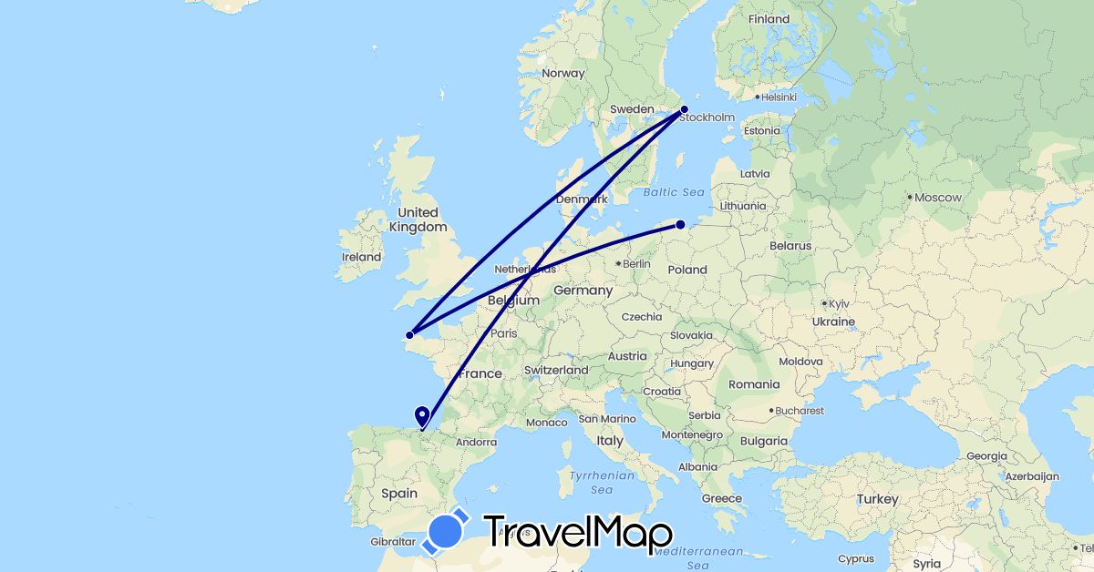 TravelMap itinerary: driving in Spain, France, Poland, Sweden (Europe)